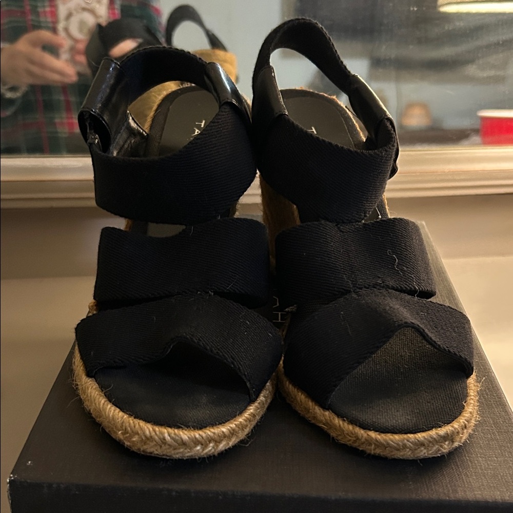 Tahari Black Wedge Sandals with Tan Accents